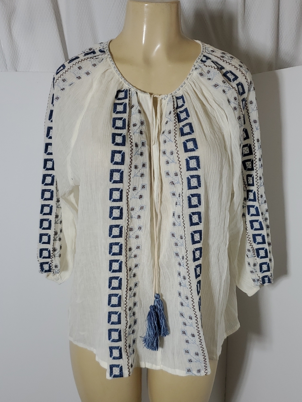 New Hazel Boho Embroidered Cream Peasant Top with Blue Accents Size S